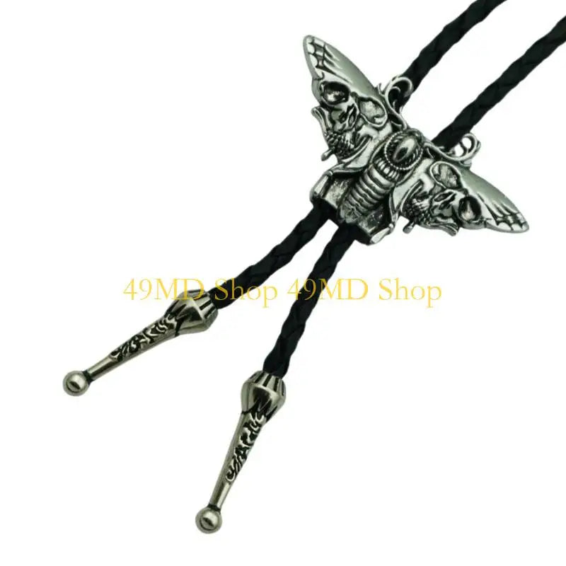 49MD Mens Gothic Western Bolo Tie Cowboy Necktie Metal Skull Moths Pedant Necklace