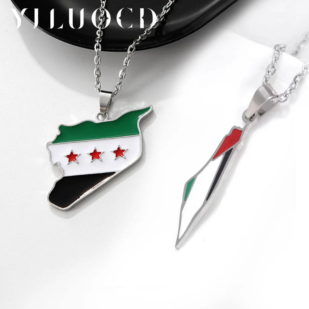 YILUOCD Stainless Steel Map of Syria Pendant Necklace Palestine and Syrian Drip Oil Map Necklace for Women Geography Jewelry