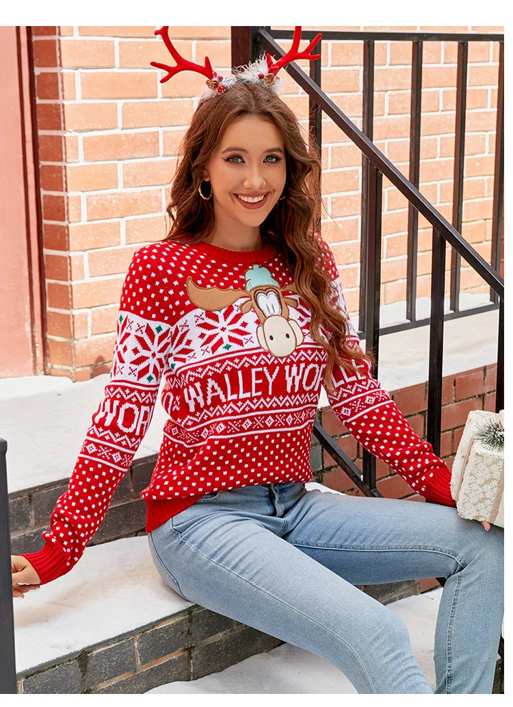 2025 Winter Women Christmas Knit Sweaters Chic Elk Print Jacquard Knitwear Long Sleeve O Neck Pullover Top Soft Warm Jumper Y2k