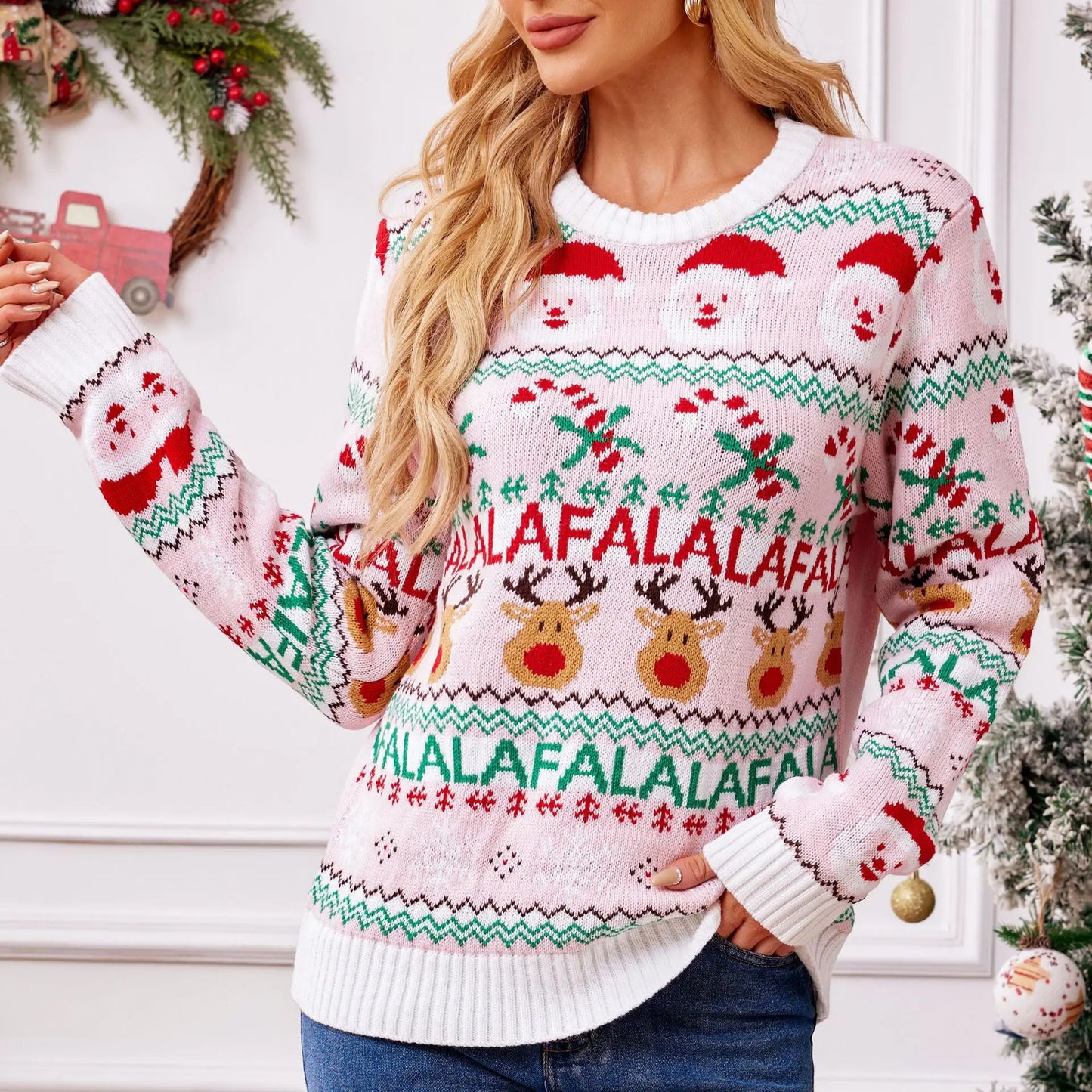 Xmas Look 2025 New Winter Pink Print Cute Soft Christmas Knitwear Long Sleeve O Neck Casual Loose Jumpers Jacquard Pullover Tops