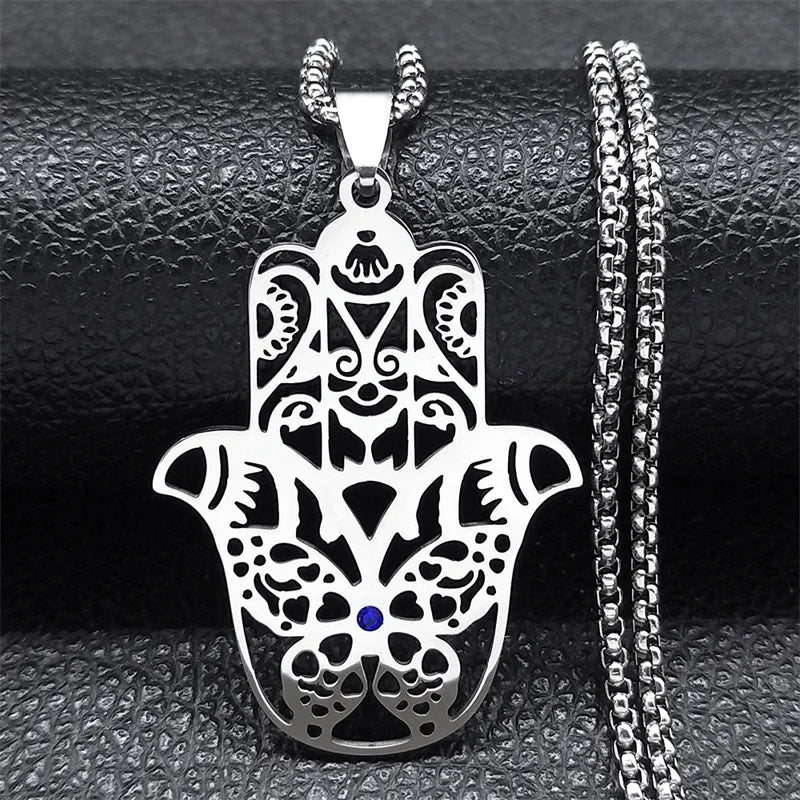 Hamsa Hand Stainless Steel Necklace Gold Color Amulet Hand of Fatima Necklaces Islamic Religious Arabic Jewelry mano de fatima