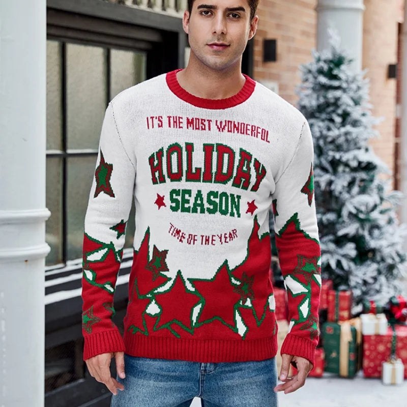 2025 Winter Christmas Men's Knitted Sweater Cartoon Print Full Sleeve O Neck Warm Soft Knitwear Adults Jumper Xmas Look Pullover