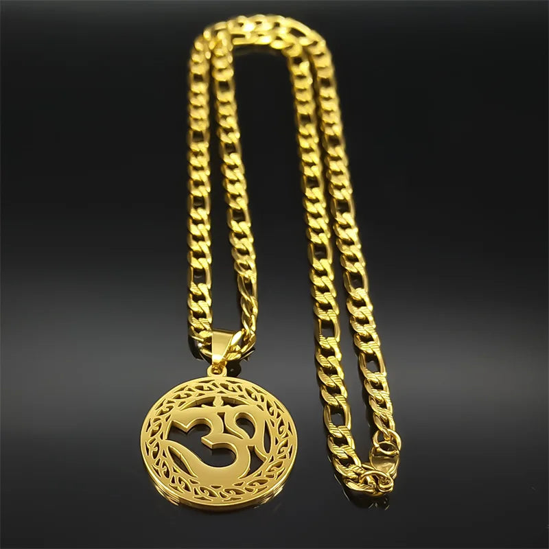 Yoga Pendant Necklaces For Men Women Gold Color Stainless Steel OHM Hindu Buddhist AUM OM Hip Hop Chain Jewelry Gift