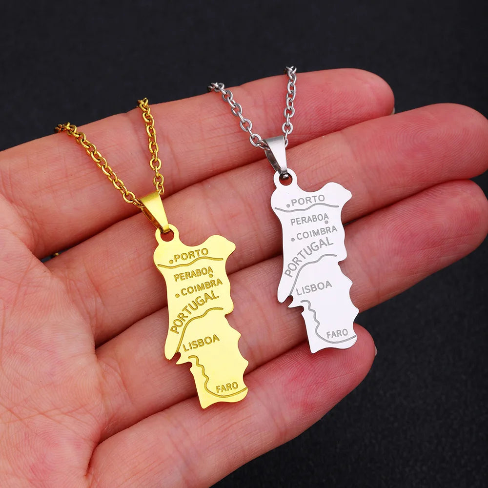 2024 new fashion stainless steel Portugal map pendant necklace temperament everything collarbone chain birthday anniversary gift