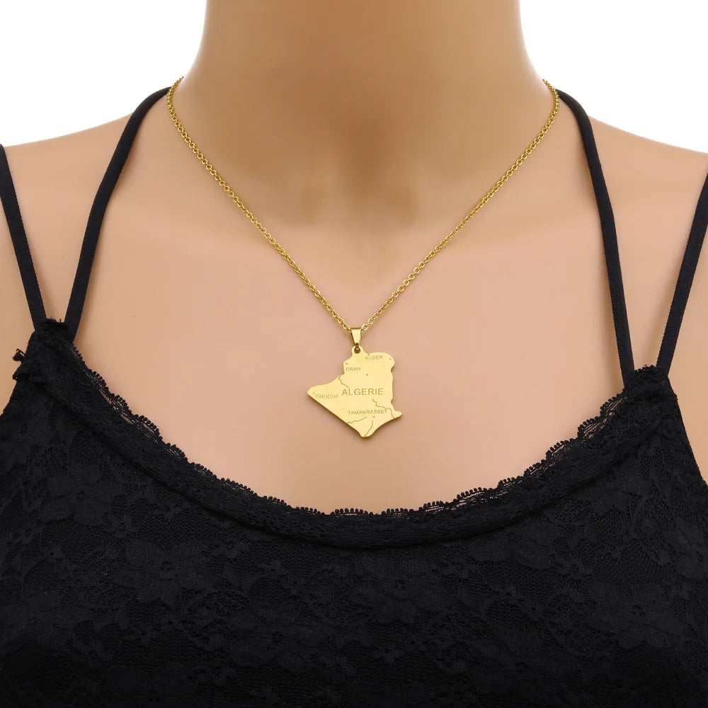 2024 New fashion stainless steel Algerian map necklace for women and men couples ethnic style accessory collarbone chain anniver