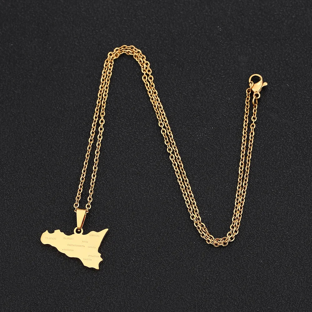 2024 new fashion stainless steel Sicily map and city pendant necklace temperament all collars chain birthday anniversary small g