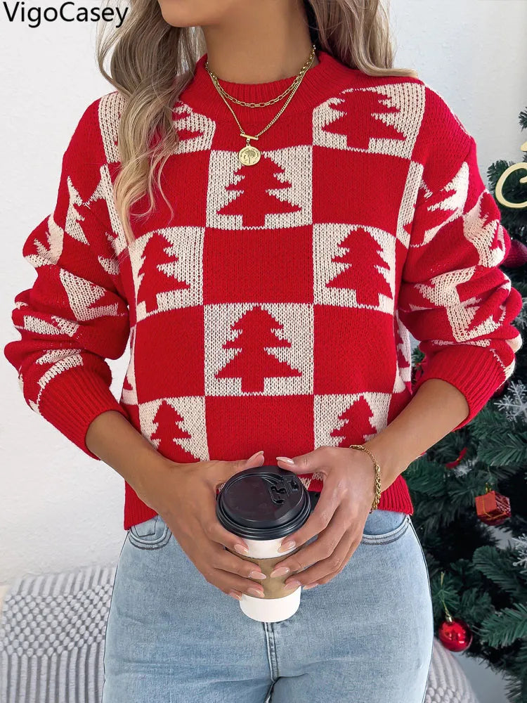 VigoCasey 2025 Autumn Winter Lady Christmas Knitted Sweater Women O Neck Plaid Print Pullover Lantern Long Sleeve Loose Jumper