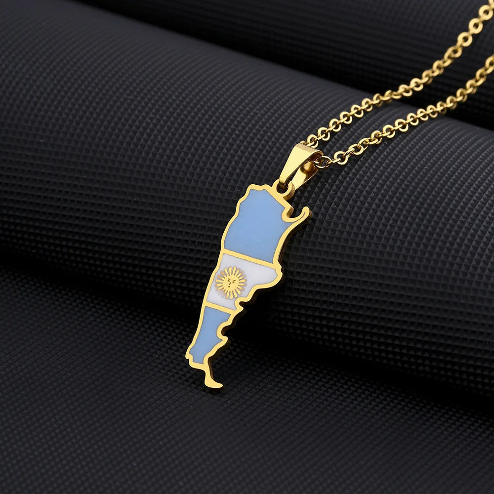 2024 new fashion stainless steel Argentina map and flag pendant necklace temperament everything collarbone chain birthday annive