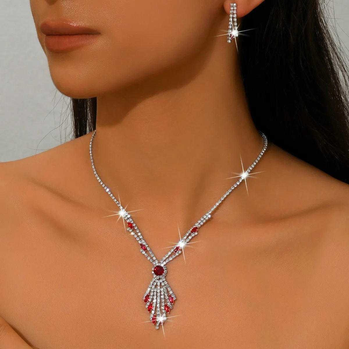3pcs Exquisite Retro Style Elegant Women Rhinestone Tassel Necklace Earring Set Wedding Banquet Birthday Party Dress Accessories
