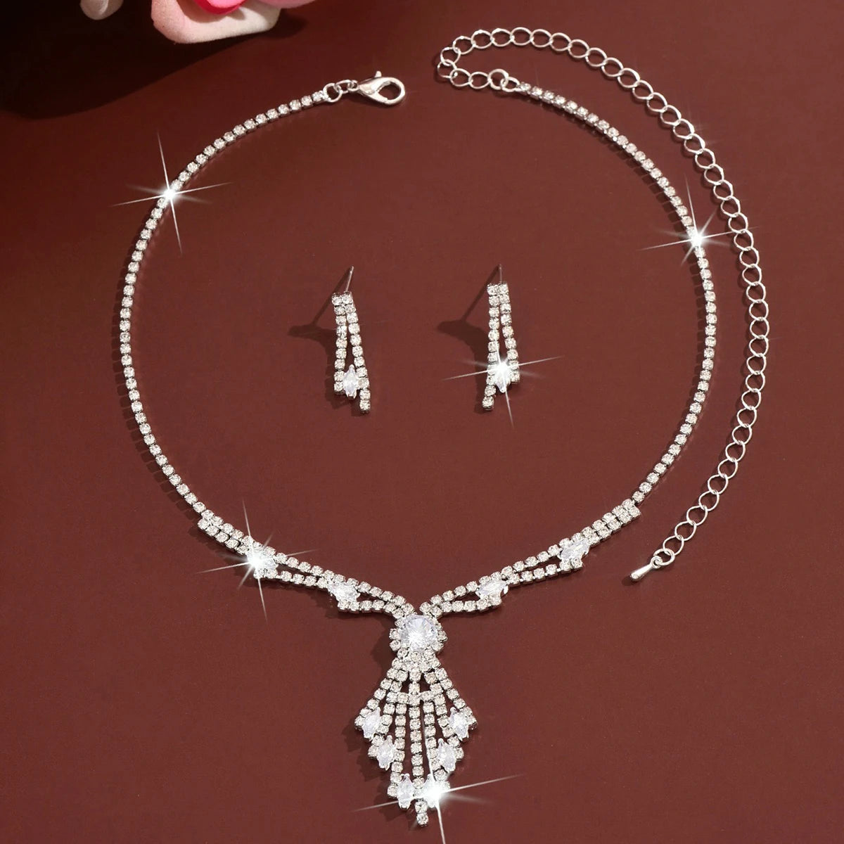 3pcs Exquisite Retro Style Elegant Women Rhinestone Tassel Necklace Earring Set Wedding Banquet Birthday Party Dress Accessories