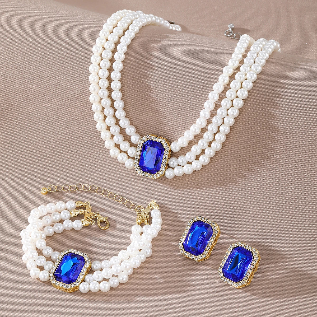 4-piece luxurious multi-layer imitation pearl necklace, earring bracelet, bridal rhinestone wedding jewelry set