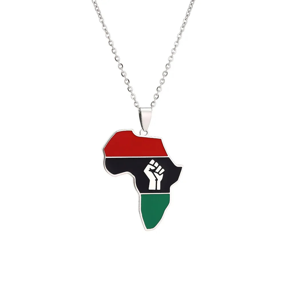 2024 new fashion stainless steel African fist map necklace for women and men couples ethnic style accessory collarbone chain ann