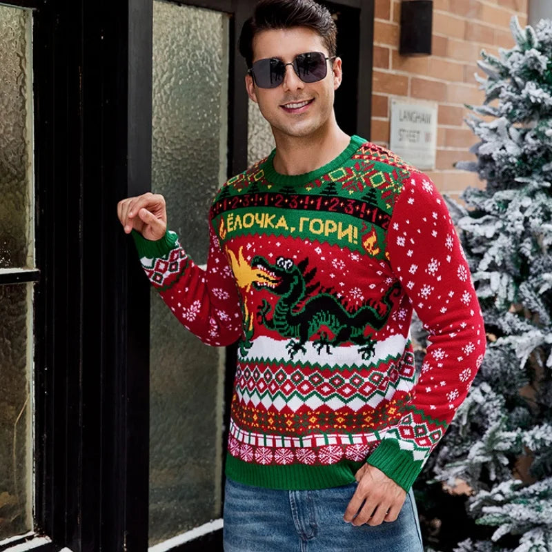 2025 Winter Christmas Men's Knitted Sweater Cartoon Print Full Sleeve O Neck Warm Soft Knitwear Adults Jumper Xmas Look Pullover