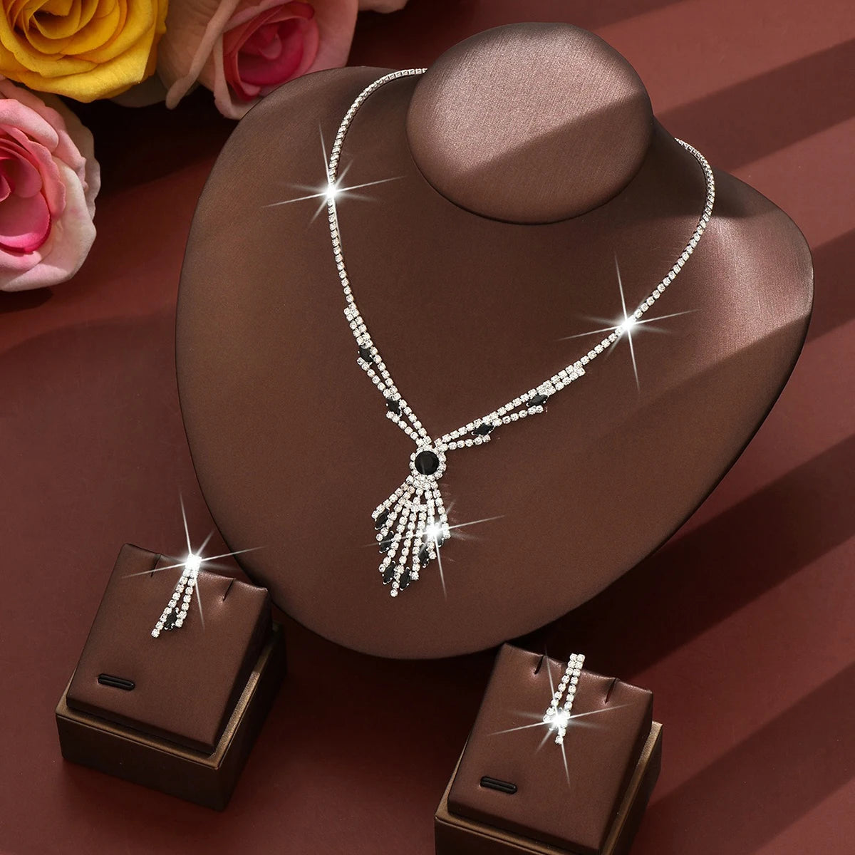 3pcs Exquisite Retro Style Elegant Women Rhinestone Tassel Necklace Earring Set Wedding Banquet Birthday Party Dress Accessories