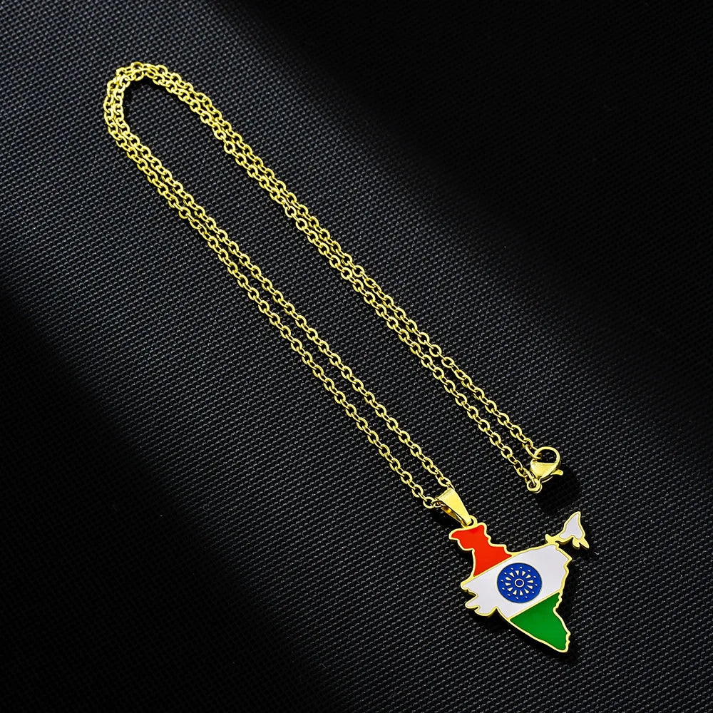 2024 new fashion stainless steel vintage dripping stainless steel Indian flag map pendant necklace temperament everything collar