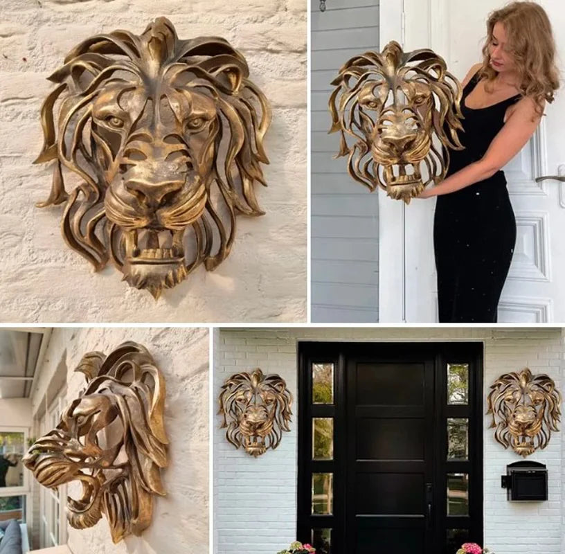 28cm Large Lion Head Wall Mounted Art Sculpture Gold Resin Lion Head Art Wall Luxury Decor Bedroom Decoration
