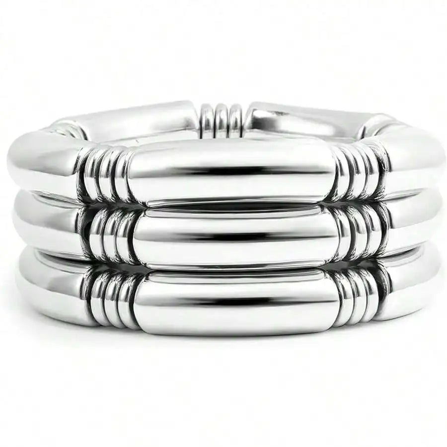 3PCS/SET Gold Chunky Bangles Bracelets For Women Plated Stack Layered Curved Bamboo Tube Stretch Bracelets Gift Jewelry