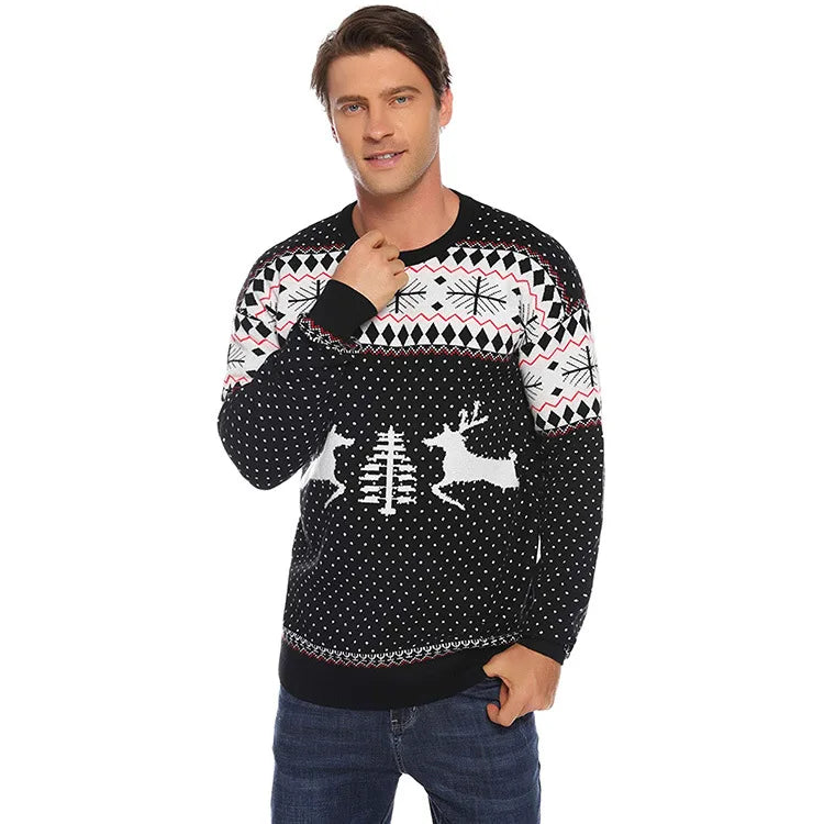 2025 New Christmas Matching Sweaters for Women Men Couples Knitwear Jacquard Elk Print Jumpers Full Sleeve Warm Soft Pullovers