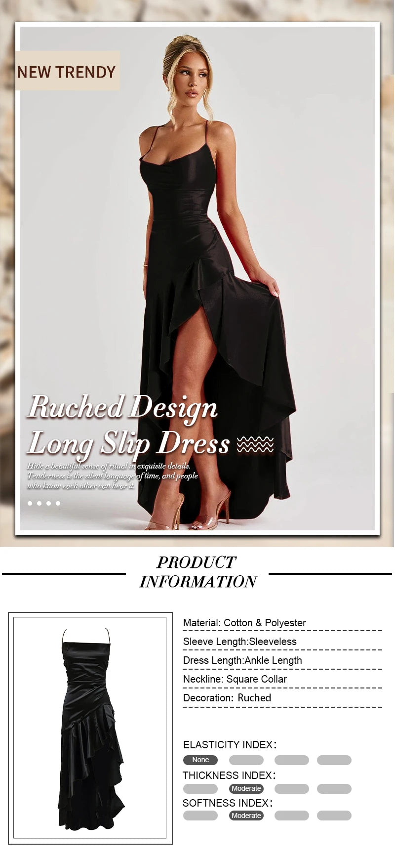 VC Elegant Black Satin Maxi Dress with Crisscross Spaghetti Straps and High Slit Ruffled Hem for High - Profile Occasions