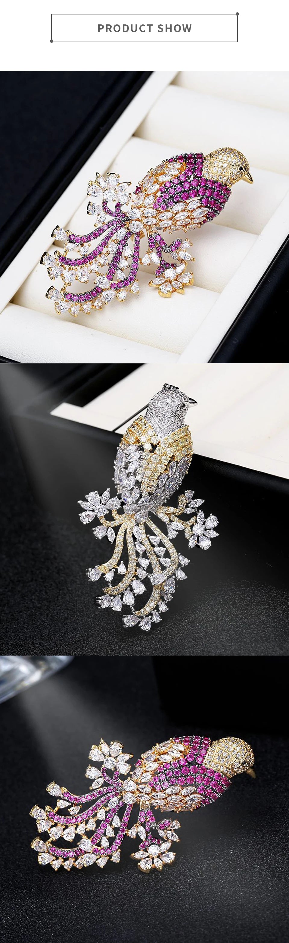 SUYU National Style Retro Color Copper Inlaid Cubic Zirconia Animal Suit Jacket Gift Accessories Female Magpie Brooch
