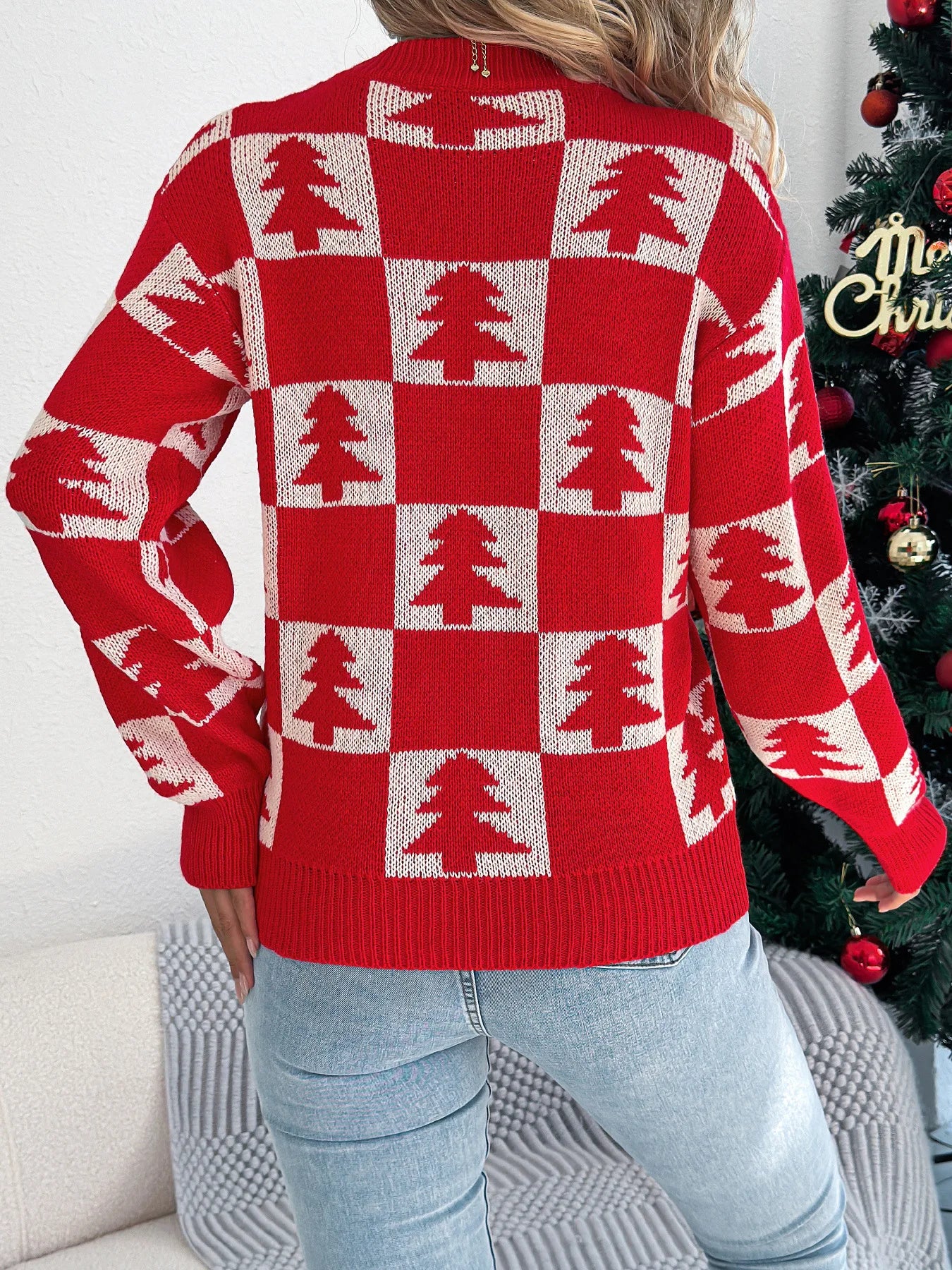 VigoCasey 2025 Autumn Winter Lady Christmas Knitted Sweater Women O Neck Plaid Print Pullover Lantern Long Sleeve Loose Jumper