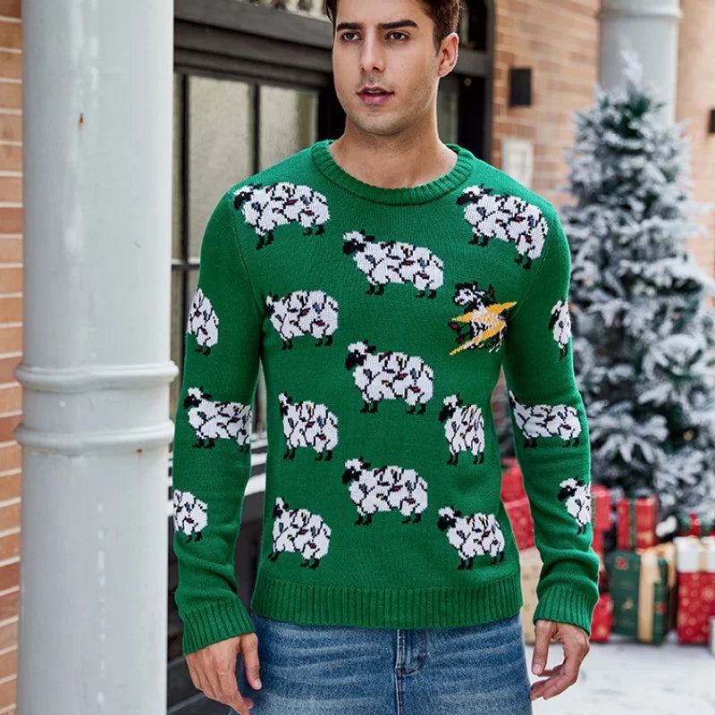 2025 Winter Christmas Men's Knitted Sweater Cartoon Print Full Sleeve O Neck Warm Soft Knitwear Adults Jumper Xmas Look Pullover