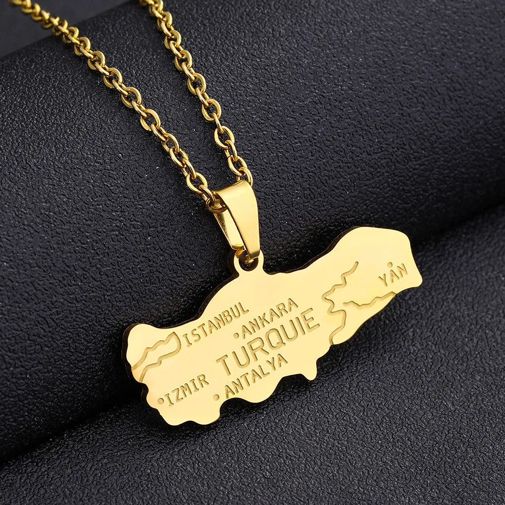 2024 New fashion stainless steel Turkish map necklace for women and men couples ethnic style accessory collarbone chain annivers