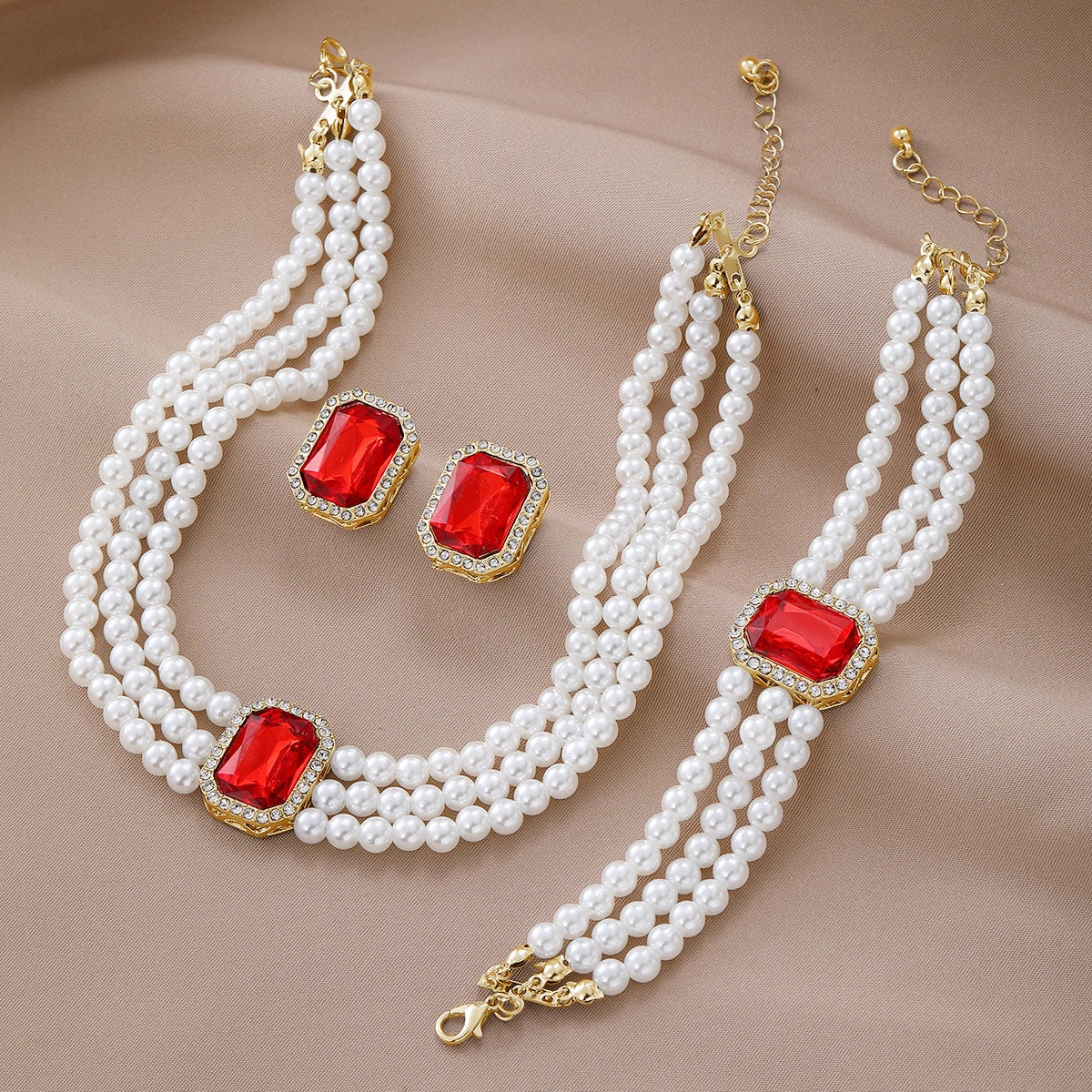 4-piece luxurious multi-layer imitation pearl necklace, earring bracelet, bridal rhinestone wedding jewelry set