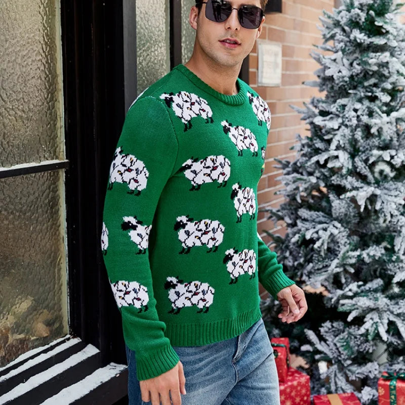 2025 Winter Christmas Men's Knitted Sweater Cartoon Print Full Sleeve O Neck Warm Soft Knitwear Adults Jumper Xmas Look Pullover