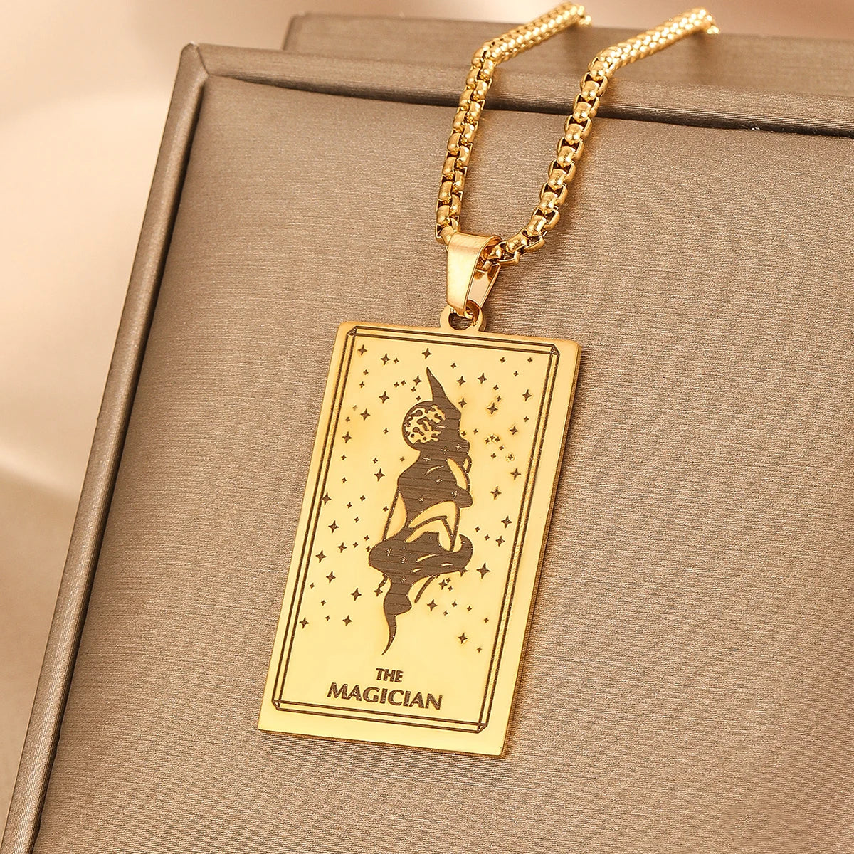 Vintage Moon Rose Flower Tarot Card Necklace Talisman Stainless Steel Libra Justice Necklace for Women Men Sun Amulet Jewelry