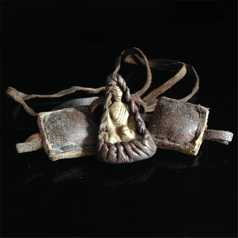 Tibetan Pocket Buddha Amulet Medicine God with Cow Leather Rope TNL391