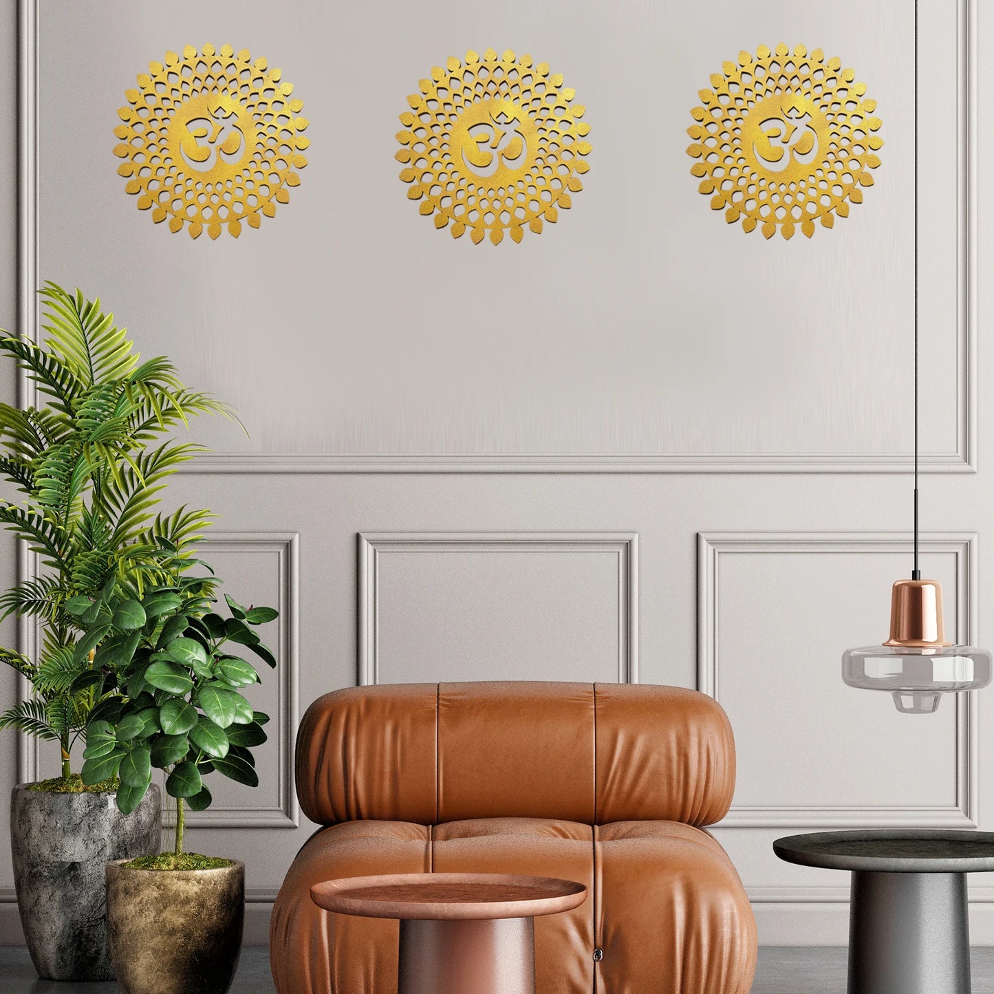 3Pcs Golden Om Round Decorative Wall Art Om Chakra For Temple, Living Room, Bedroom, Office, Hotel, Home Decor Items, Gift