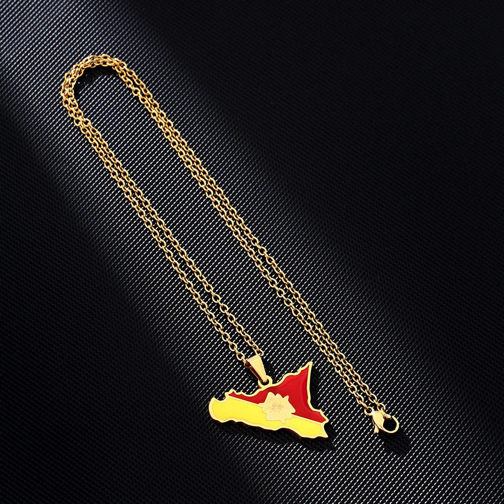 2024 New fashion stainless steel Sicily map and flag necklace for men and women couples ethnic style collarbone chain accessorie