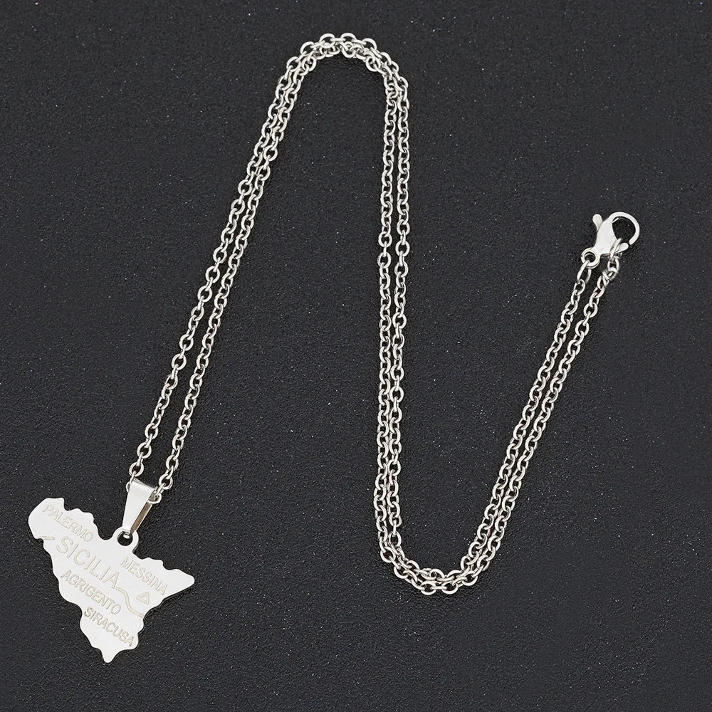 2024 new fashion stainless steel Sicily map pendant necklace temperament everything collarbone chain birthday anniversary small