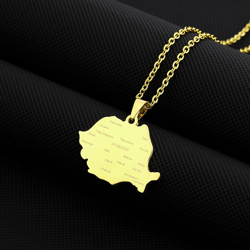 2024 new fashion stainless steel Romania map with city pendant necklace temperament everything collarbone chain birthday anniver