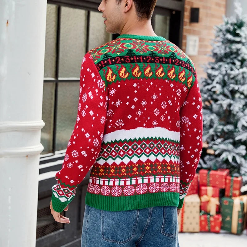 2025 Winter Christmas Men's Knitted Sweater Cartoon Print Full Sleeve O Neck Warm Soft Knitwear Adults Jumper Xmas Look Pullover