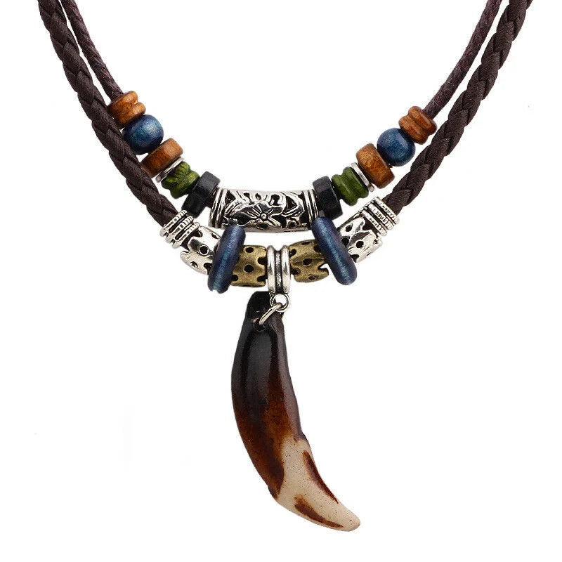 Vintage Men's Wolf Tooth Pendant Necklace Double Layer Leather Rope Necklaces Ancient Tribe Prayer Beaded Choker Charm Chains