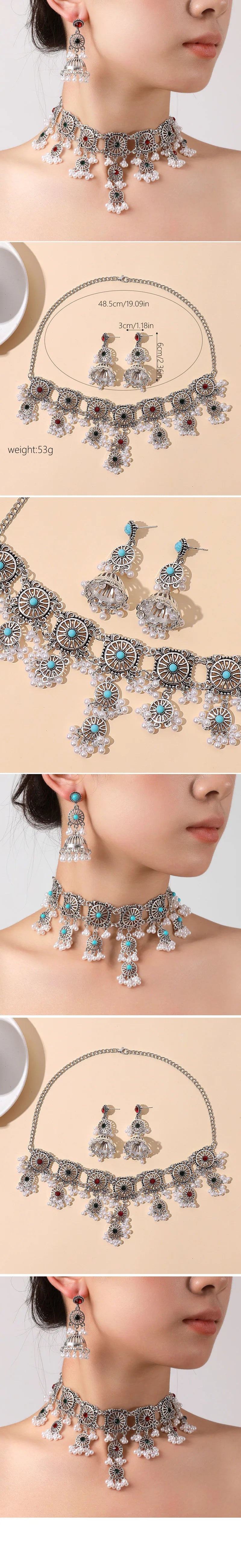 Vintage Jewelry For Woman Metal Hollow Design Jewelry Sets Simulated Pearl Tassel Necklace Earrings Set For Women Gift