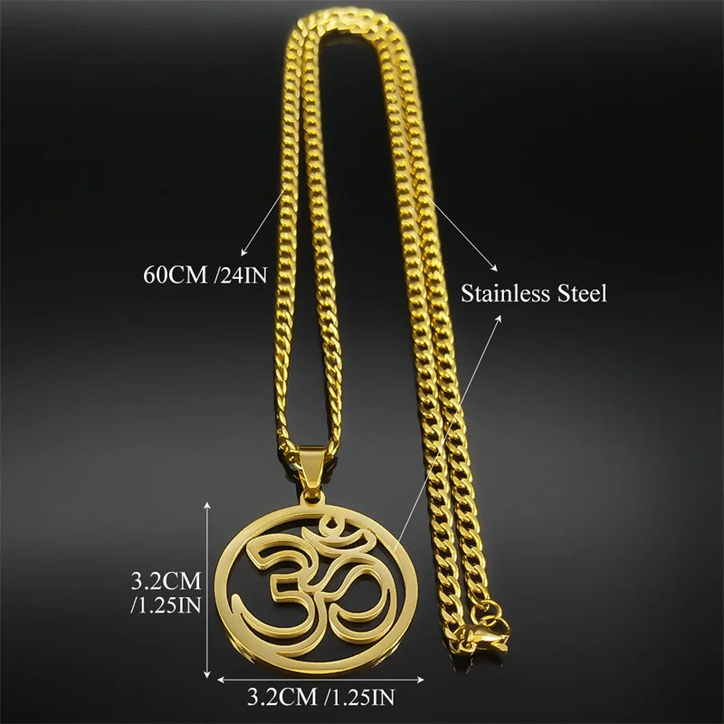 Yoga Lotus Om Symbol Pendant Necklace for Women Men Stainless Steel Gold Color Male Chain Buddhist Jewelry collar 8415-QKC