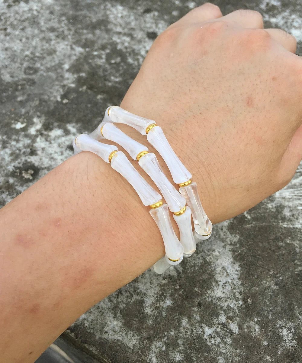 3pcs Leopard Acrylic Bamboo Women's Hand Bracelets Retro Stack Thin Tube Beaded Elastic Bracelet Bangle Couple Jewelry Gift
