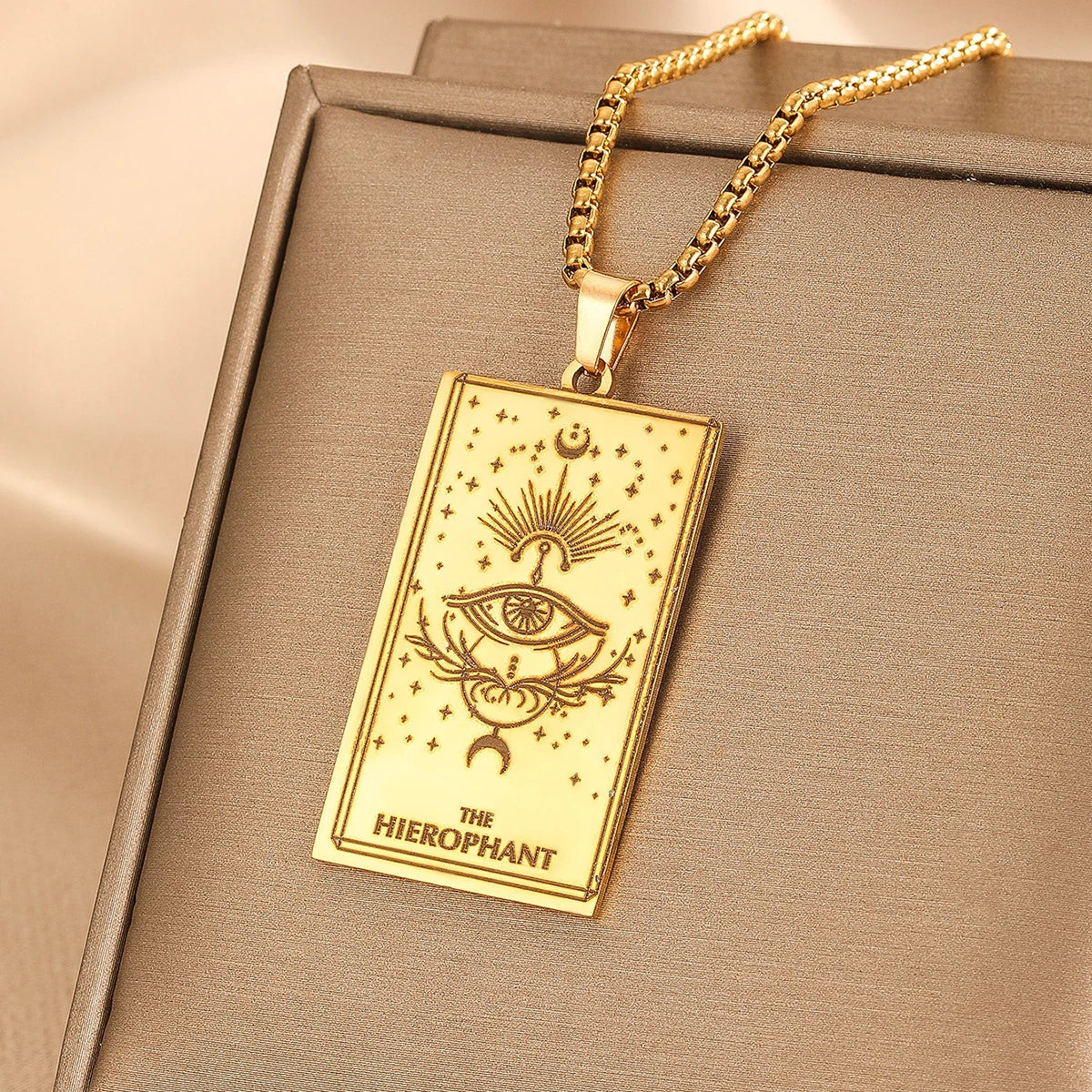 Vintage Moon Rose Flower Tarot Card Necklace Talisman Stainless Steel Libra Justice Necklace for Women Men Sun Amulet Jewelry