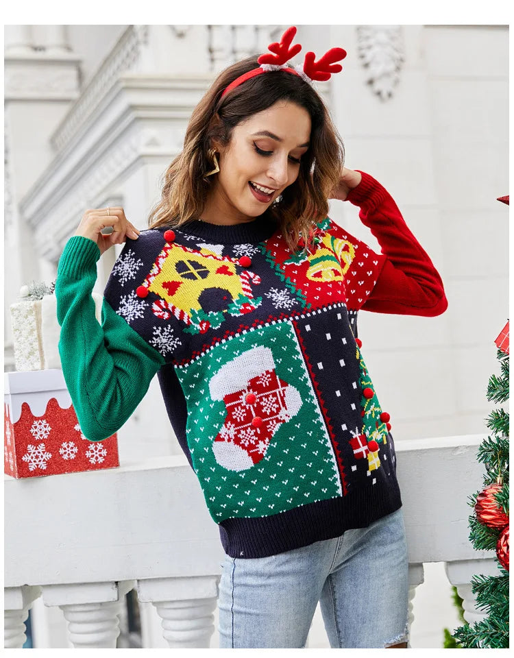 Christmas Sweater Women's Socks Christmas Tree Autumn/Winter New Round Neck Long Sleeve Loose Knitted Sweater 2024 Y2k Cloting