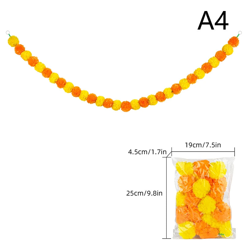 1Pc Indian Style Marigold Flower Garland With Flowers For Day Of The Dead Diwali Home DIY Craft Party Halloween Party Decor