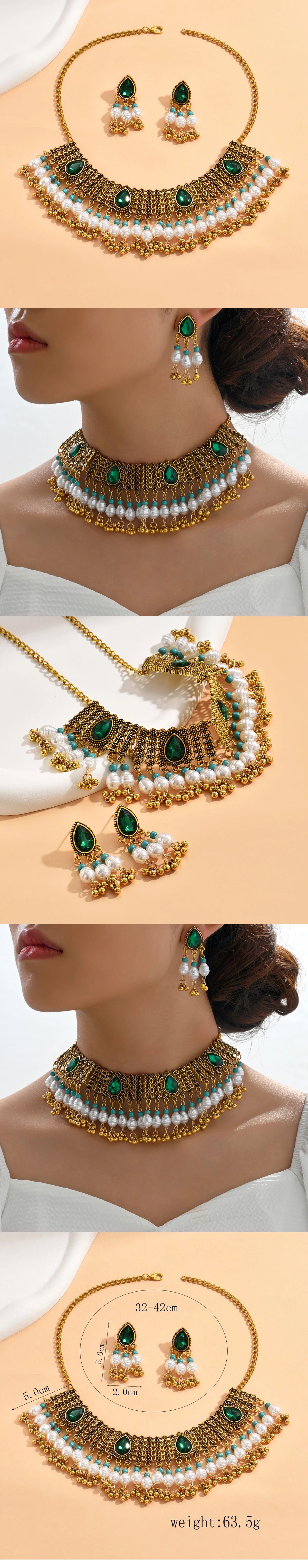 Vintage Jewelry For Woman Green Crystal Stone Jewelry Sets Simulated Pearl Beads Necklace Earrings Set For Women
