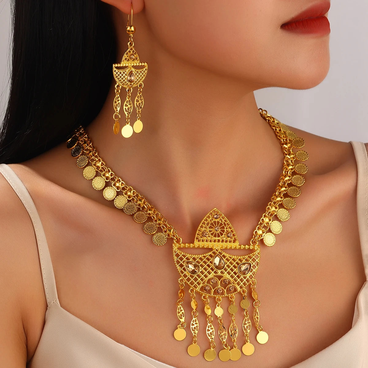 Afghan Fashion Golden Geometric Hollow Carving Rhinestone Coins Tassel Necklaces Earrings Women Kurdish Statement Jewelry Set