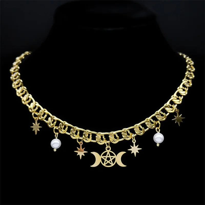 Witch Triple Moon Pentagrams Choker Necklace Stainless Steel Divination Necklaces Korean Aesthetic Jewelry collares N1729S02