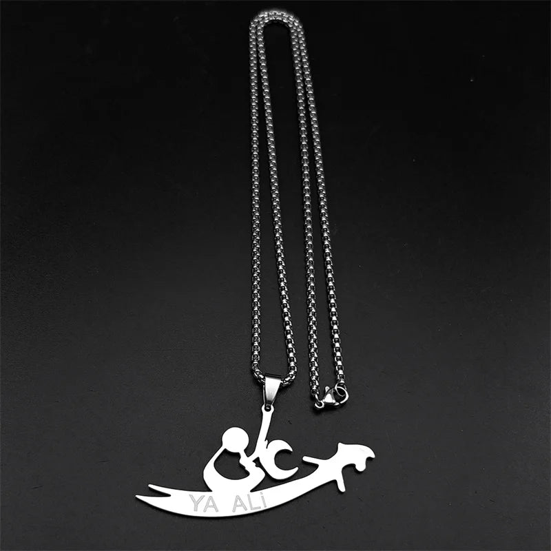 YA ALI Islamic Imam Ali Zulfiqar Sword Pendant Necklace for Women Men Stainless Steel Gold Color Quran Amulet Chain Jewelry