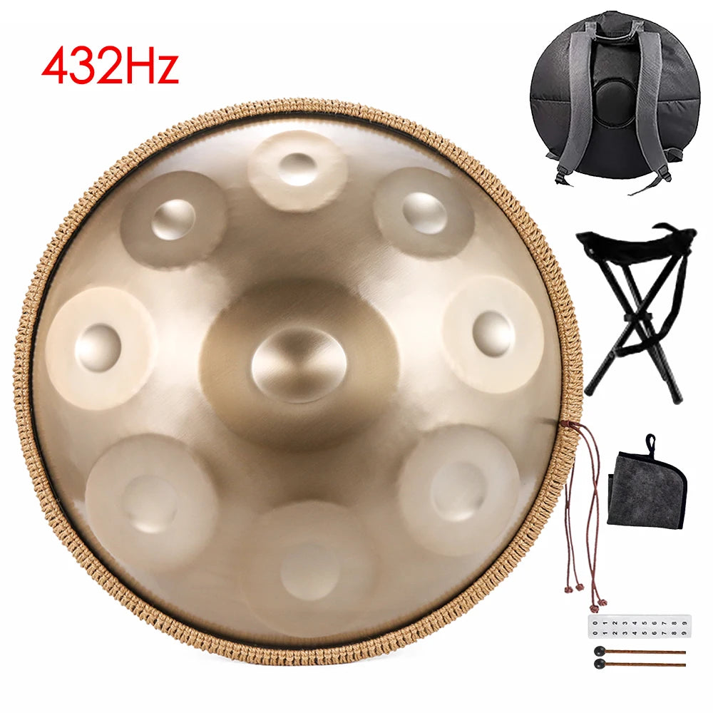 432Hz/440Hz Gold Handpan Drum with Steel Tongue for Yoga,Meditation Instrument,Beginner,Tambor Gift, 22 inch,9, 10,12,14,17notes