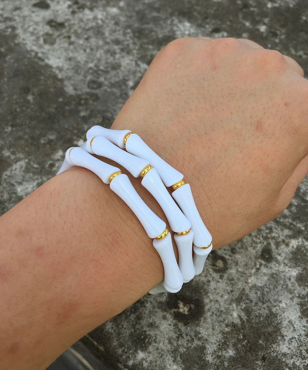 3pcs Leopard Acrylic Bamboo Women's Hand Bracelets Retro Stack Thin Tube Beaded Elastic Bracelet Bangle Couple Jewelry Gift