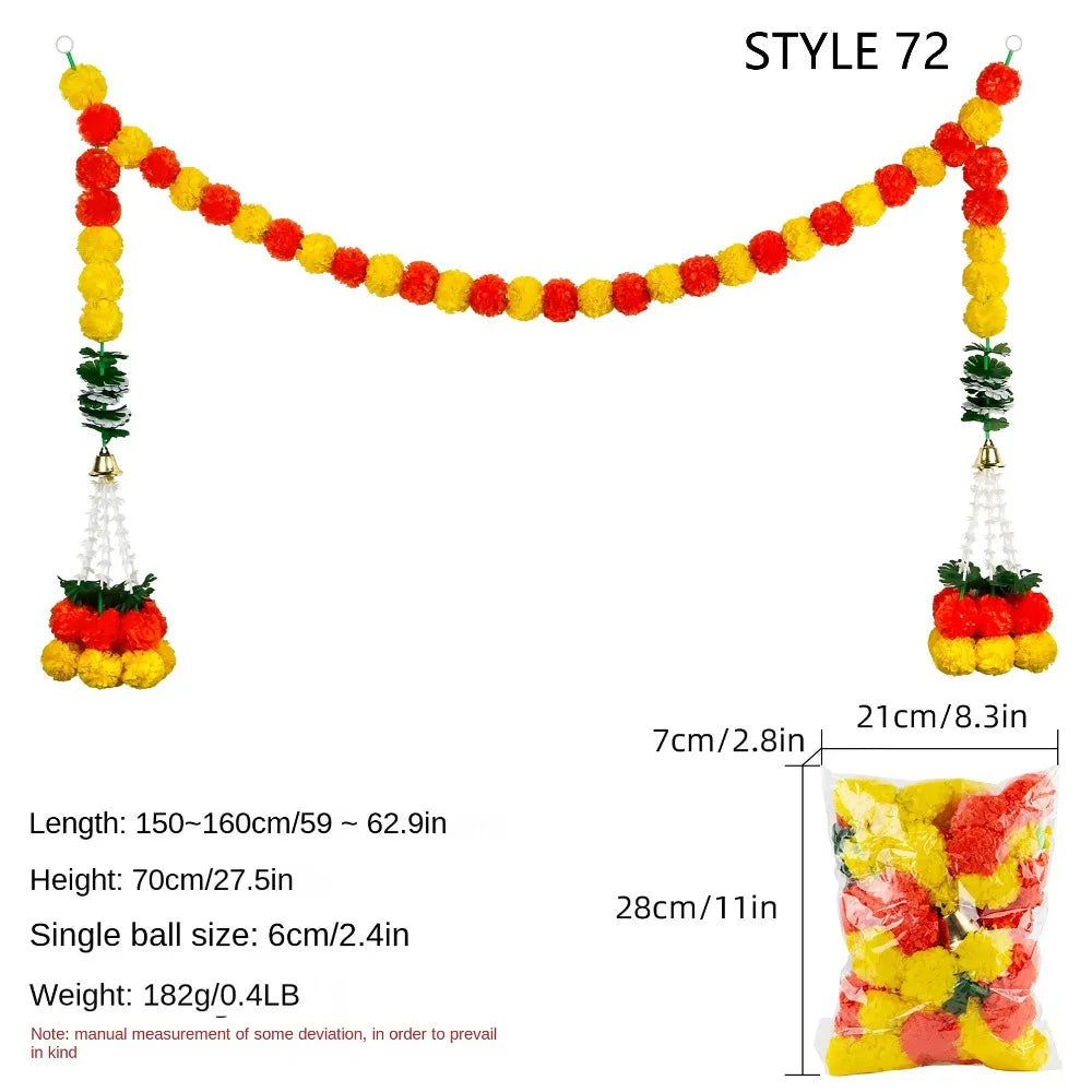 140-160cm Marigold Garland Flower Artificial Festival Wreath Ornament Fake Plant Indian Style Home Party Decor